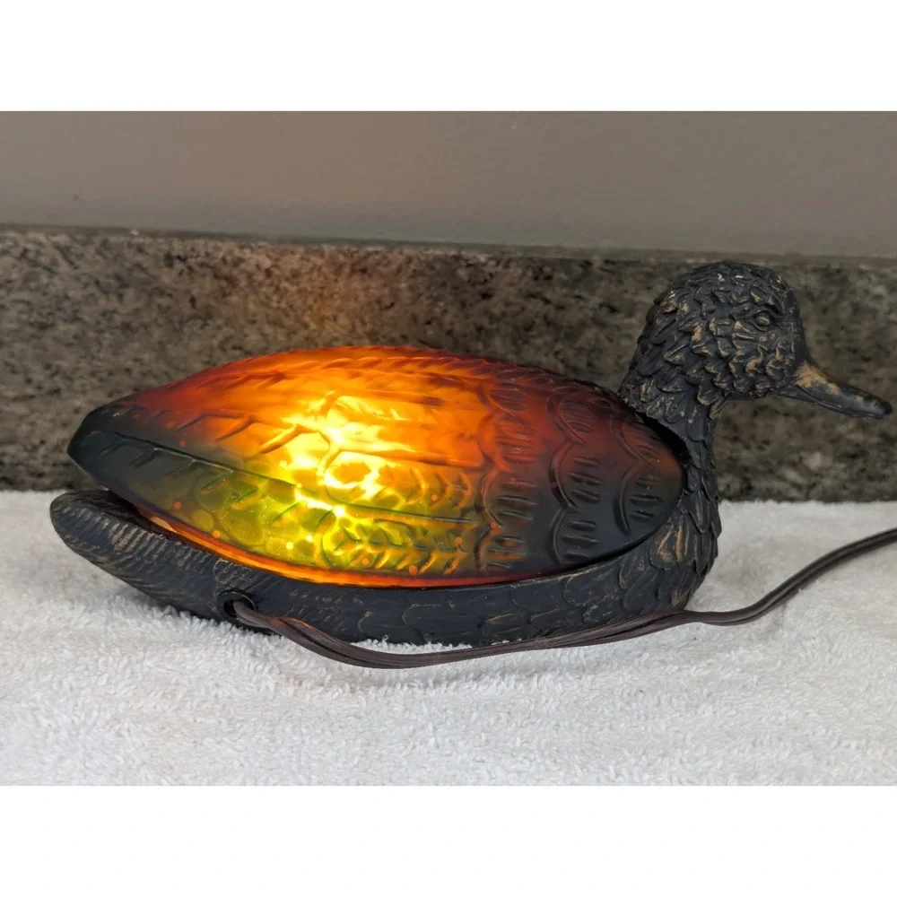 Vintage Mallard Duck Night Lamp Amber Glass Tiffany Style Metal Works